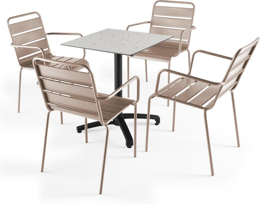 Oviala Set tuintafel met terrazzo laminaat en 4 taupe fauteuils