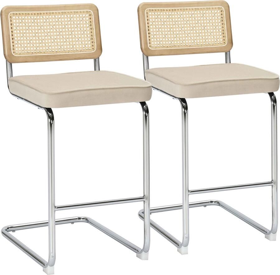 Oviala Set van 2 hoge stoelen van beige fluweel en staal Betty