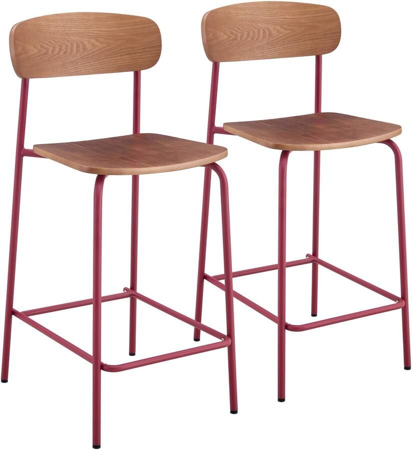 Oviala Set van 2 hoge stoelen van metaal en bordeauxrood hout Lila