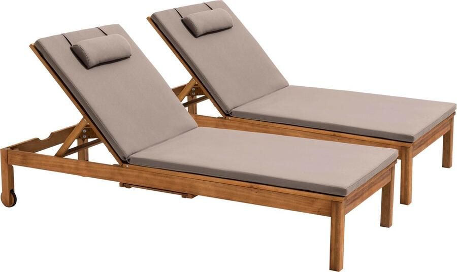 Oviala Set van 2 ligstoelen met kussen en houten tafeltje in taupe kleur