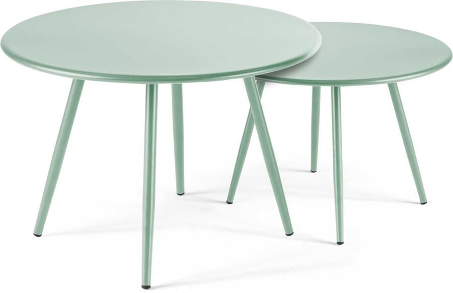 Oviala Set van 2 ronde salontafels van groen salie staal 50 cm Palavas