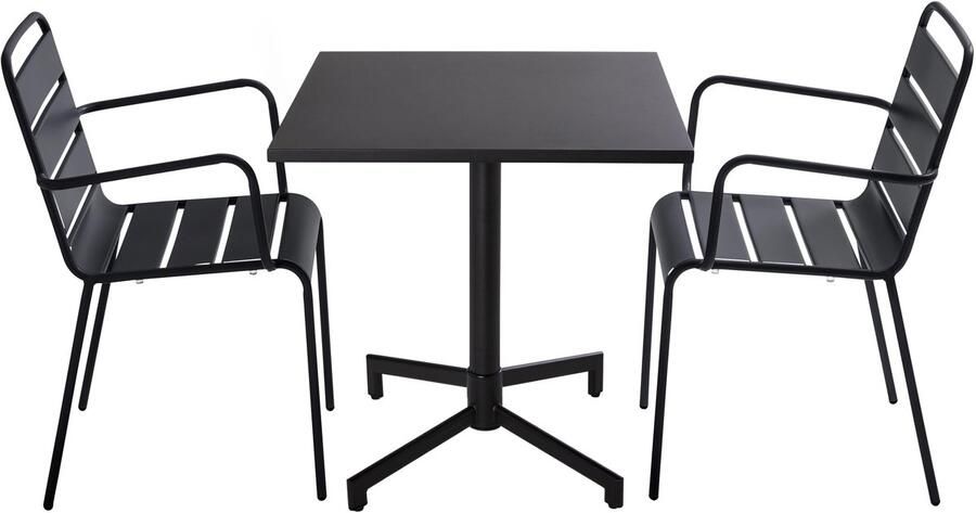 Oviala Set van 70 cm tafel en 2 zwarte metalen tuinstoelen Palavas