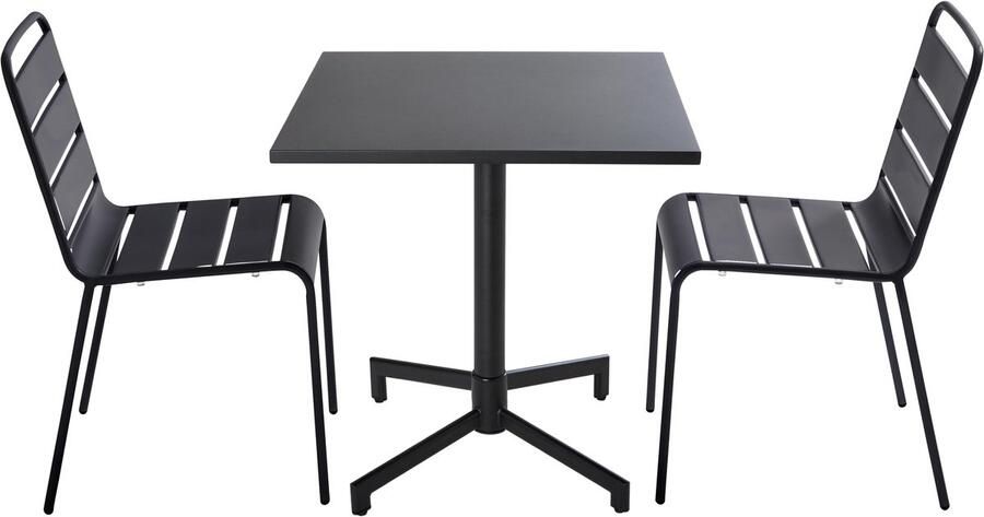 Oviala Set van 70 cm tafel en 2 zwarte metalen tuinstoelen Palavas