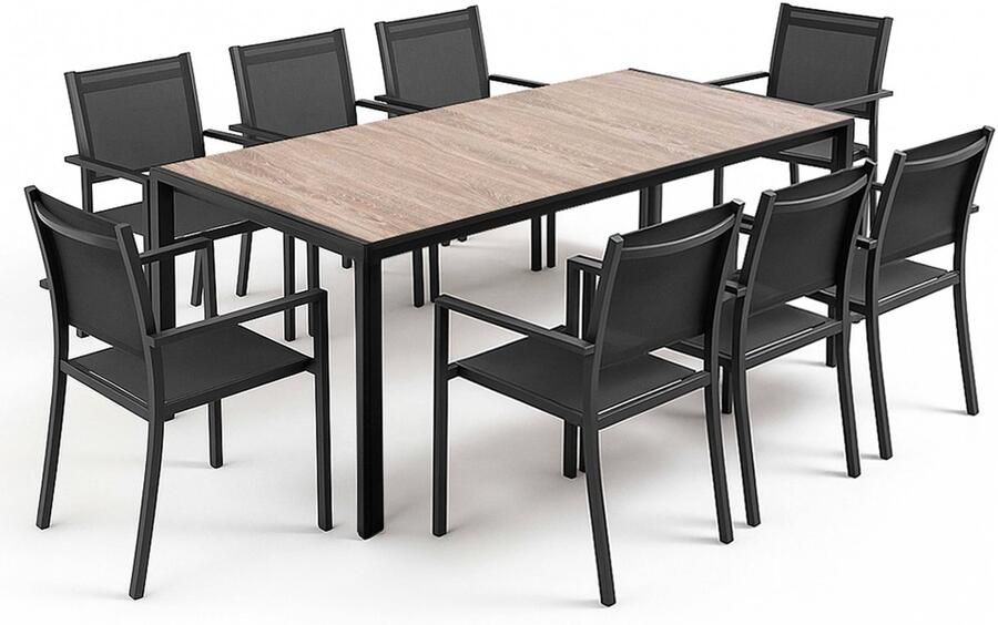 Oviala Set van aluminium tuintafels met houtlook en 8 zwarte fauteuils Tivoli