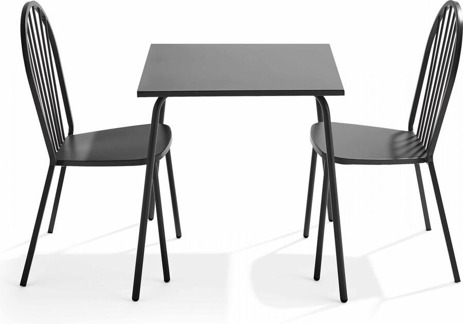 Oviala Set van een bistro tuintafel en 2 grijze stalen stoelen Palavas