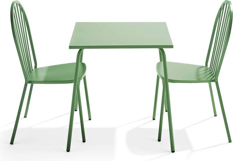 Oviala Set van een bistro tuintafel en 2 groene cactus stalen stoelen Palavas