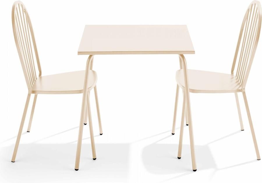 Oviala Set van een bistro tuintafel en 2 ivoorkleurige stalen stoelen Palavas