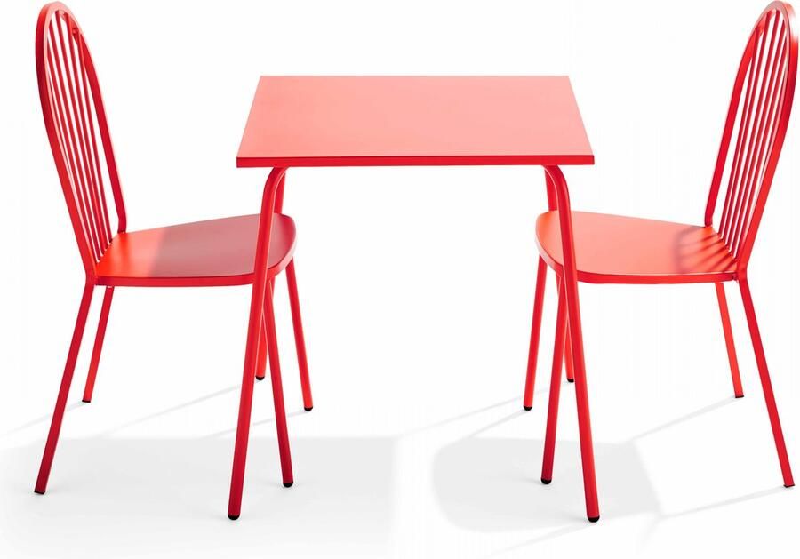 Oviala Set van een bistro tuintafel en 2 rode stalen stoelen Palavas