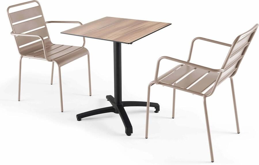 Oviala Set van een donker eiken gelamineerde tuinset en 4 taupe fauteuils