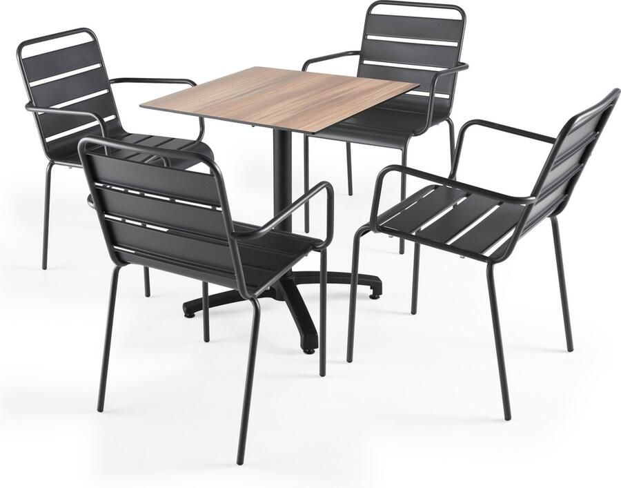 Oviala Set van een donker gebeitst eikenhouten tuintafel en 4 grijze stoelen
