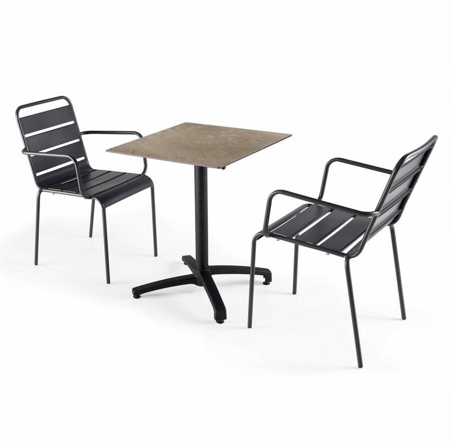 Oviala Samenstelling tuintafel met marmeren laminaat en 2 grijze fauteuils