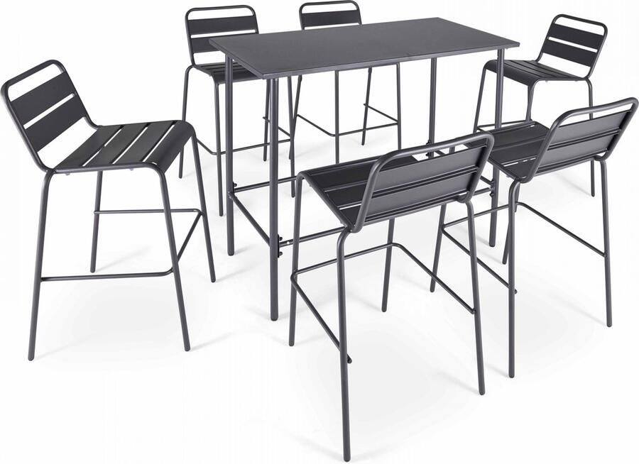 Oviala Set van een hoge tuin tafel en 6 grijze stoelen Palavas