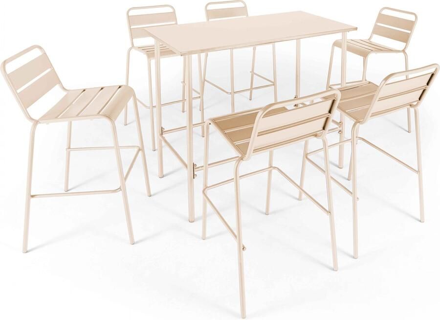 Oviala Set van een hoge tuin tafel en 6 ivoor stoelen Palavas
