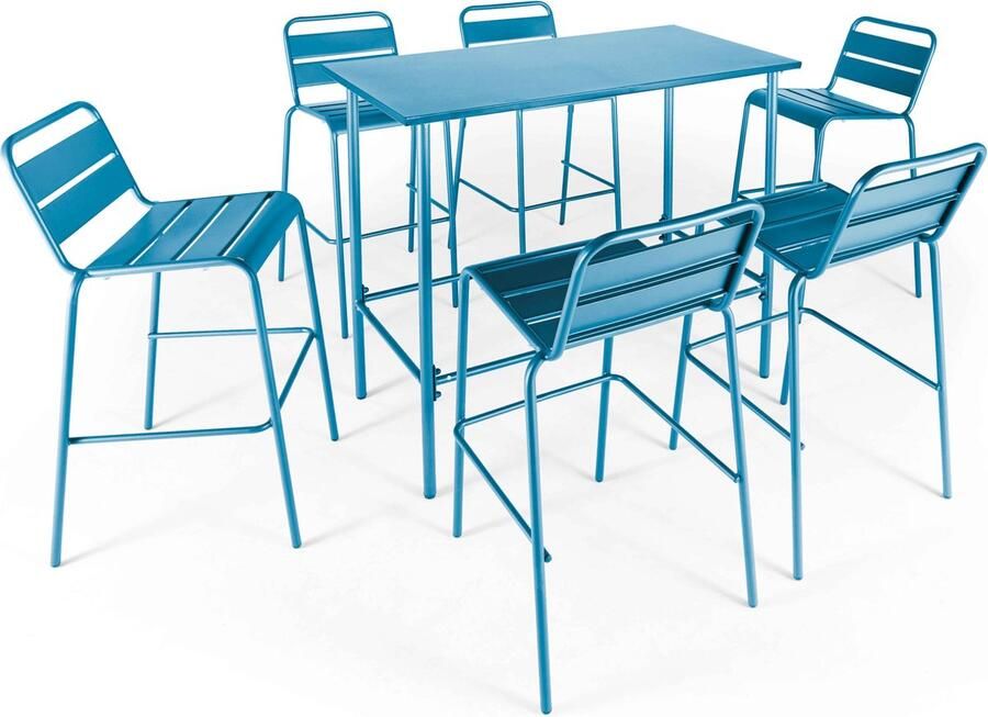 Oviala Set van een hoge tuin tafel en 6 stoelen in blauw pacific metaal Palavas