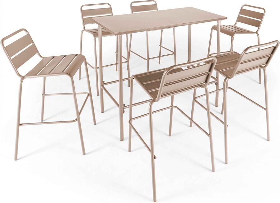 Oviala Set van een hoge tuin tafel en 6 taupe stoelen Palavas