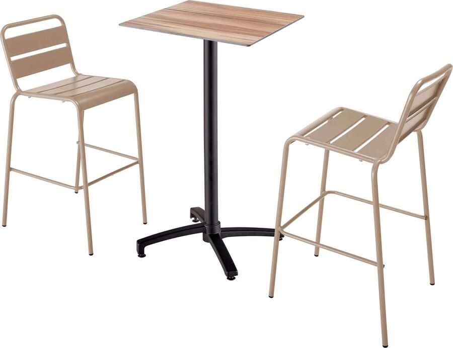 Oviala Set van een hoog gelamineerd eikenhouten tafel en 2 hoge taupekleurige