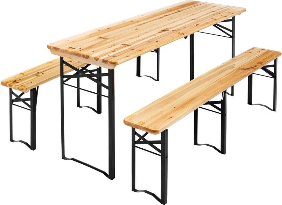 Oviala Set van een houten bistrotafel en 2 inklapbare banken van 180 cm Munich