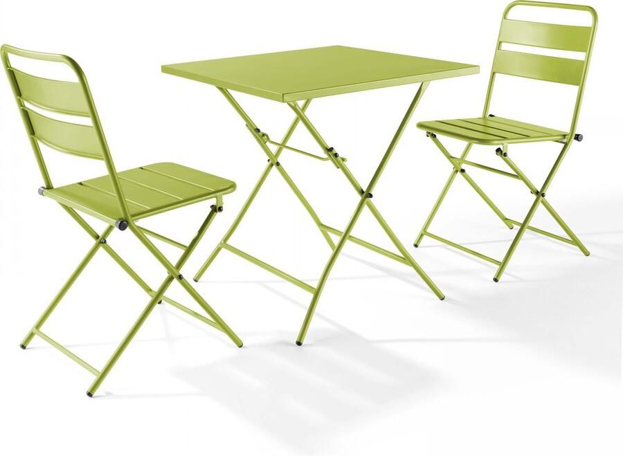 Oviala Set van een inklapbare tuin tafel en 2 groene stalen stoelen Palavas