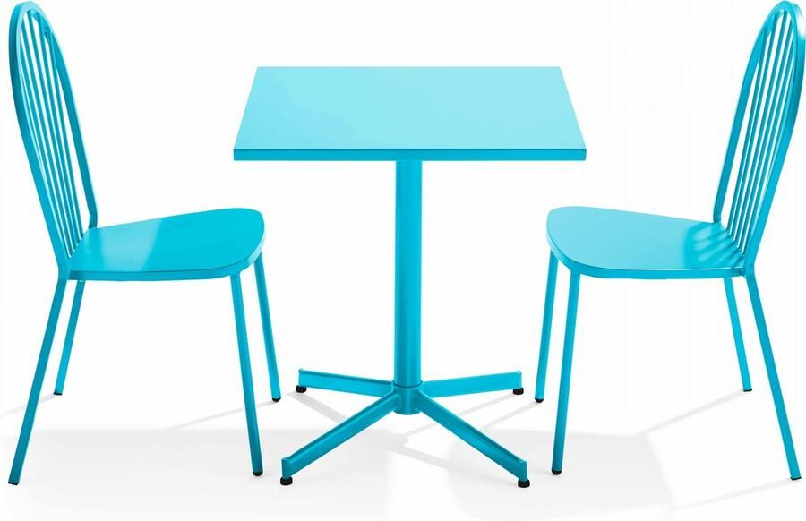 Oviala Set van een kantelbare vierkante tuin tafel en 2 blauwe bistrostoelen Palavas