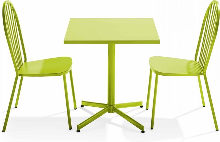 Oviala Set van een kantelbare vierkante tuin tafel en 2 groene bistrostoelen Palavas