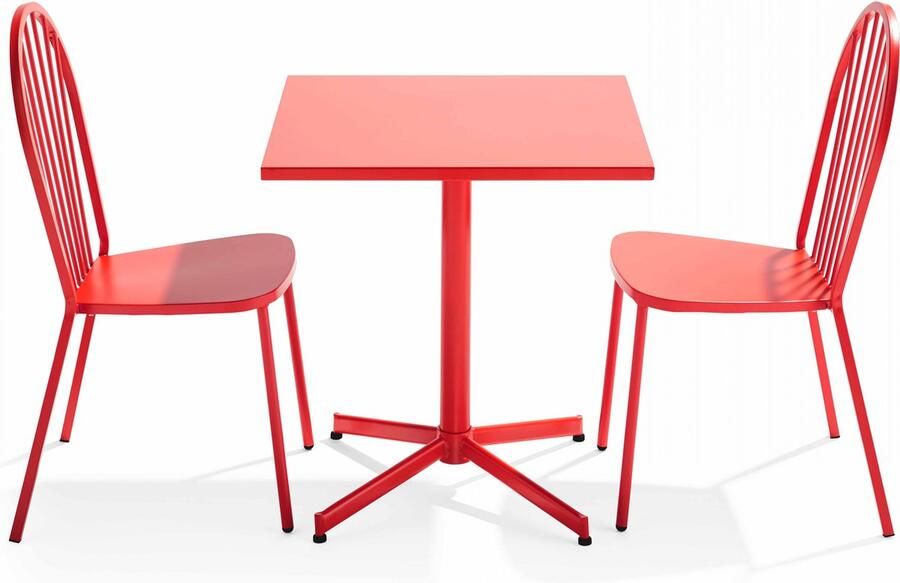 Oviala Set van een kantelbare vierkante tuin tafel en 2 rode bistrostoelen Palavas