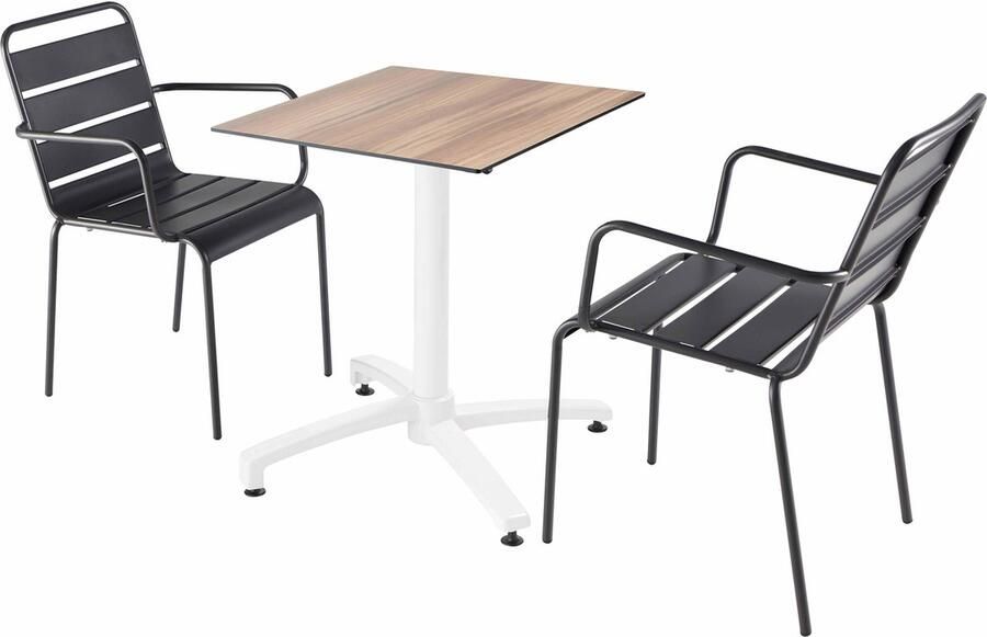 Oviala Set van een licht eiken gelamineerde tuinset en 2 grijze fauteuils