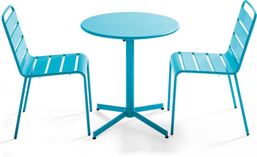 Oviala Set van een ronde tuin tafel en 2 blauwe stoelen Palavas
