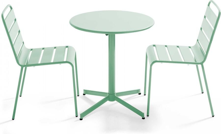 Oviala Set van een ronde tuin tafel en 2 groene salie stoelen Palavas
