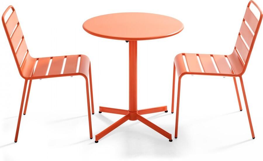 Oviala Set van een ronde tuin tafel en 2 oranje stoelen Palavas