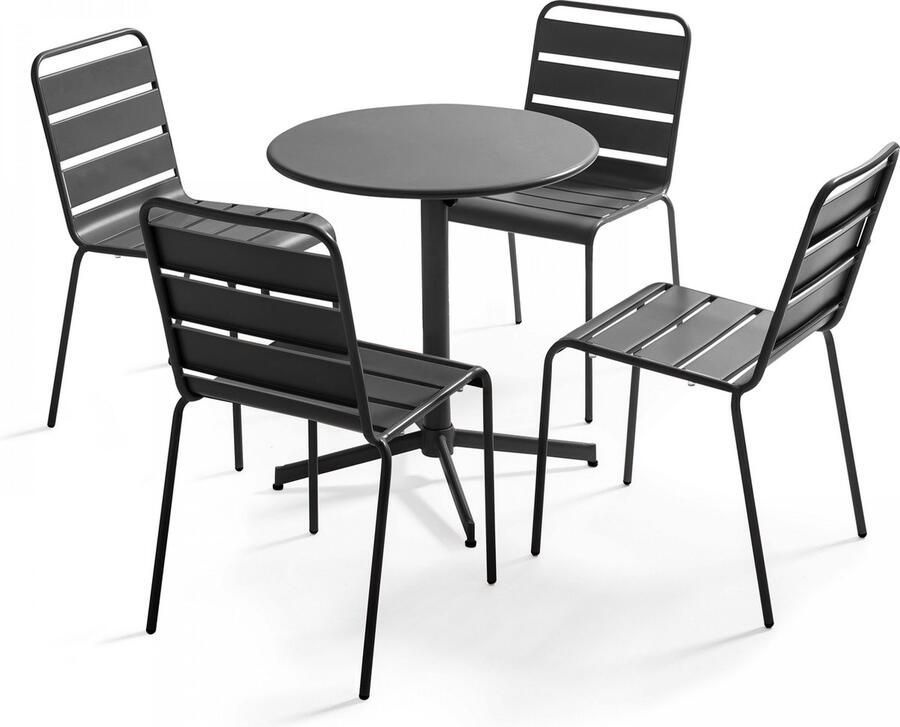 Oviala Set van een ronde tuin tafel en 4 antracietkleurige stoelen Palavas