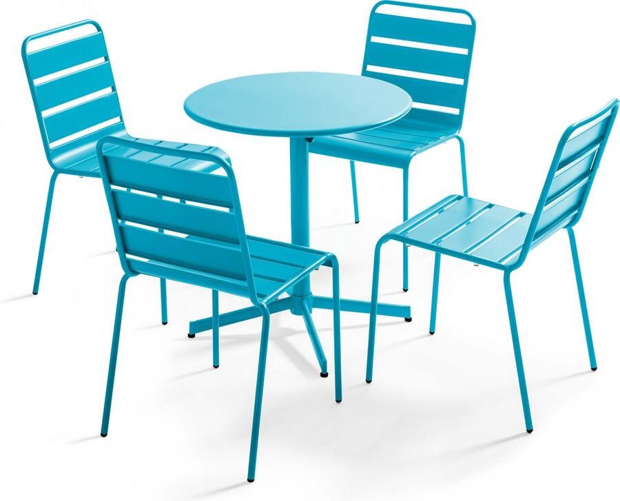 Oviala Set van een ronde tuin tafel en 4 blauwe stoelen Palavas