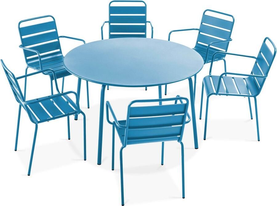 Oviala Set van een ronde tuin tafel en 6 blauwe Pacific stalen fauteuils Palavas