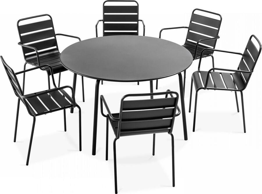 Oviala Set van een ronde tuin tafel en 6 grijze stalen fauteuils Palavas