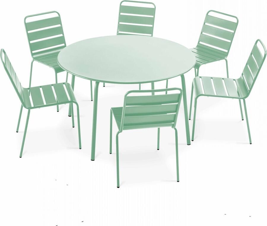 Oviala Set van een ronde tuin tafel en 6 groene salie stoelen Palavas