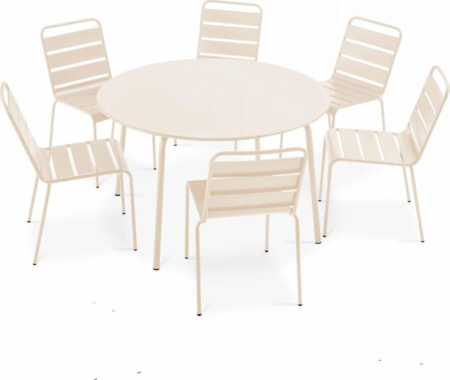 Oviala Set van een ronde tuin tafel en 6 ivoor kleurige stoelen Palavas