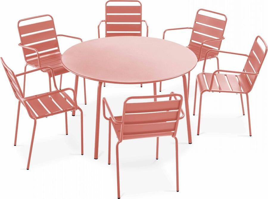 Oviala Set van een ronde tuin tafel en 6 kleistoelen van staal Palavas