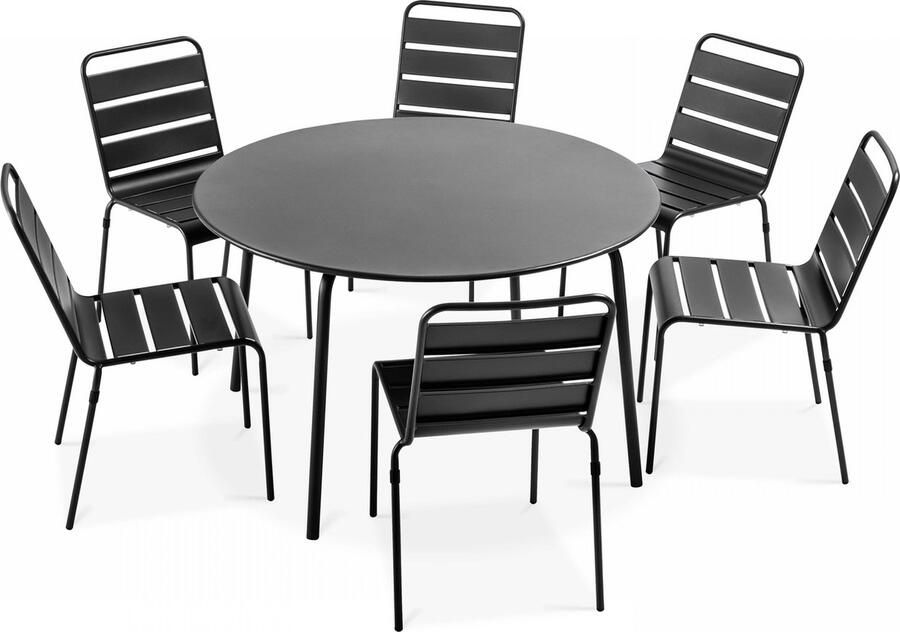Oviala Set van een ronde tuin tafel en 6 stoelen in antraciet metaal Palavas