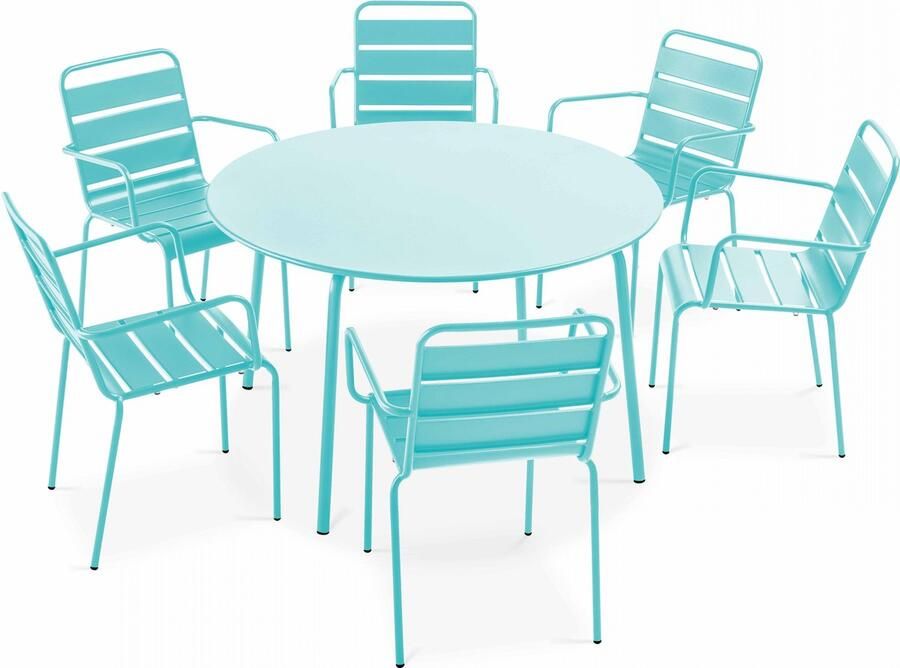 Oviala Set van een ronde tuin tafel en 6 turquoise stalen fauteuils Palavas