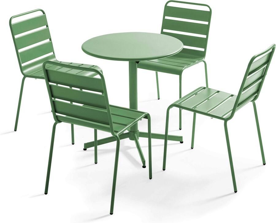 Oviala Set van een ronde tuintafel en 4 cactusgroene stoelen Palavas