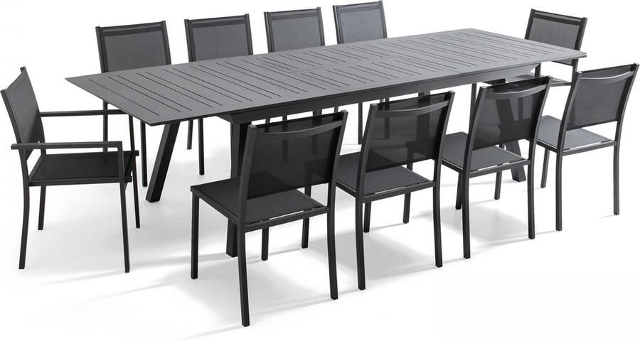 Oviala Set van een uitbreidbare tuinset en 10 grijze stoelen