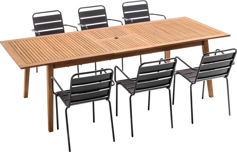 Oviala Set van een uitschuifbare tuintafel van exotisch hout en 6 fauteuils Chicago