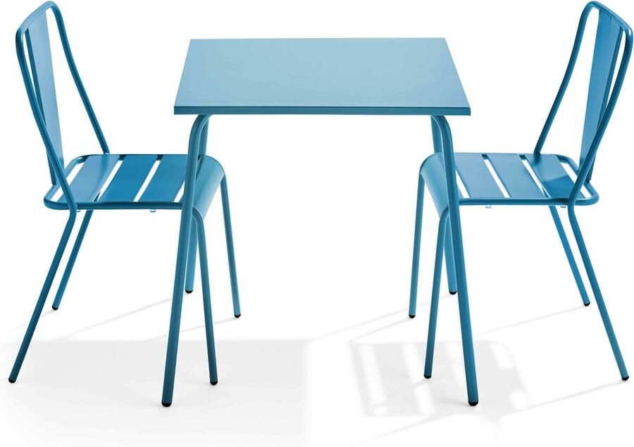 Oviala Set van een vierkante tuin tafel en 2 blauwe bistrostoelen Pacific Palavas