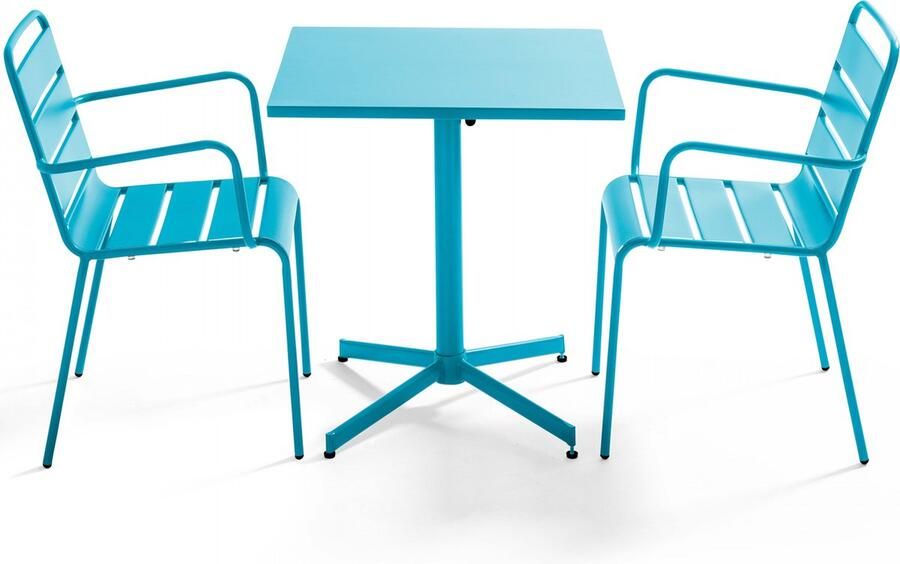 Oviala Set van een vierkante tuin tafel en 2 blauwe fauteuils Palavas