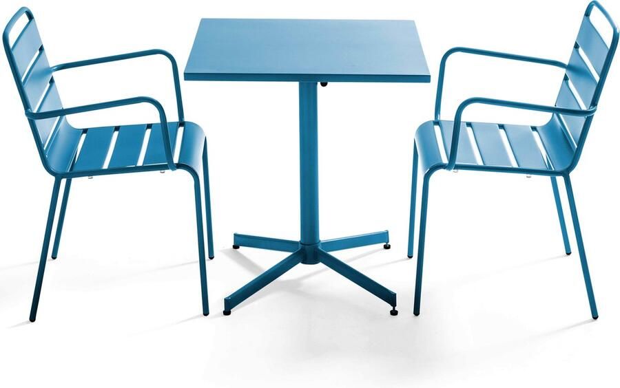 Oviala Set van een vierkante tuin tafel en 2 blauwe Pacific fauteuils Palavas
