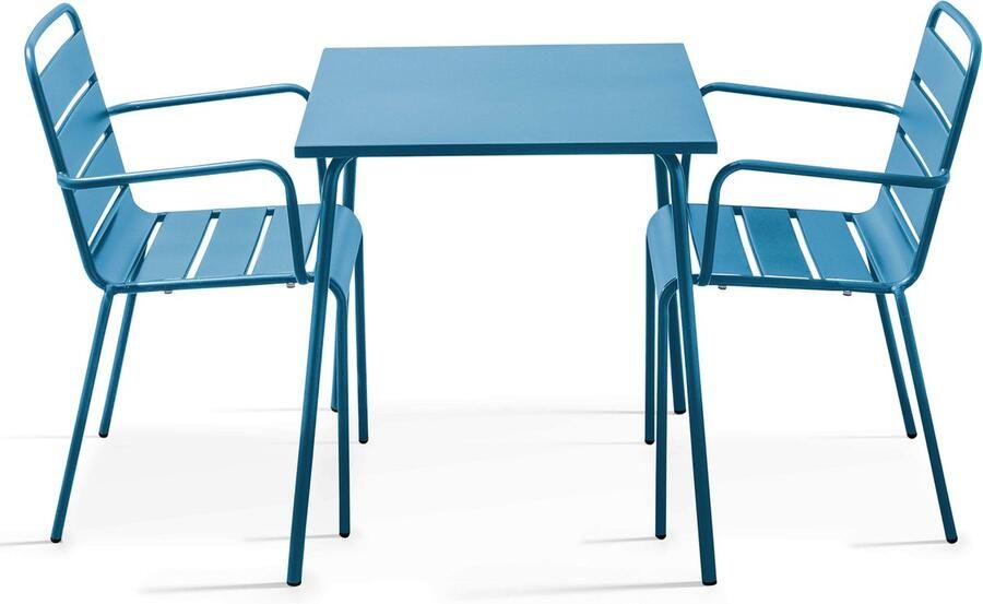 Oviala Set van een vierkante tuin tafel en 2 blauwe Pacific stalen fauteuils Palavas