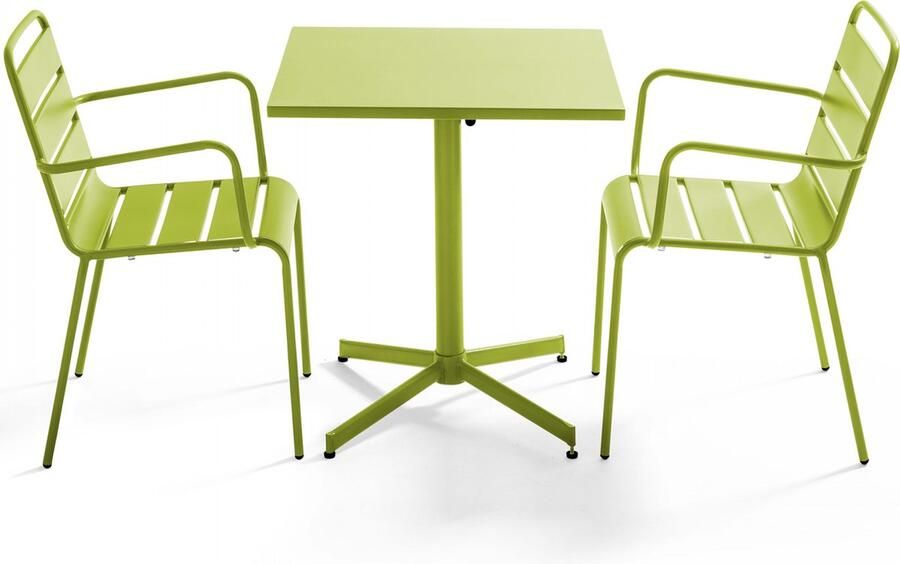 Oviala Set van een vierkante tuin tafel en 2 groene fauteuils Palavas