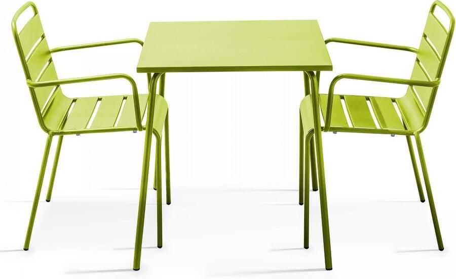 Oviala Set van een vierkante tuin tafel en 2 groene stalen fauteuils Palavas