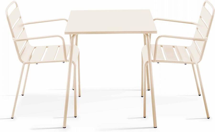 Oviala Set van een vierkante tuin tafel en 2 ivoorkleurige stalen fauteuils Palavas