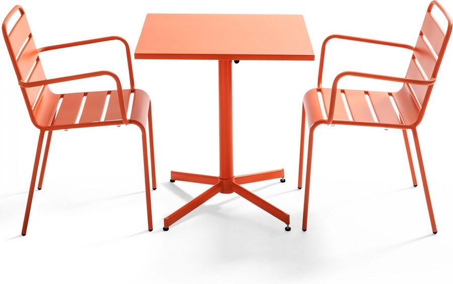 Oviala Set van een vierkante tuin tafel en 2 oranje fauteuils Palavas