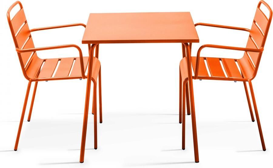 Oviala Set van een vierkante tuin tafel en 2 oranje stalen fauteuils Palavas